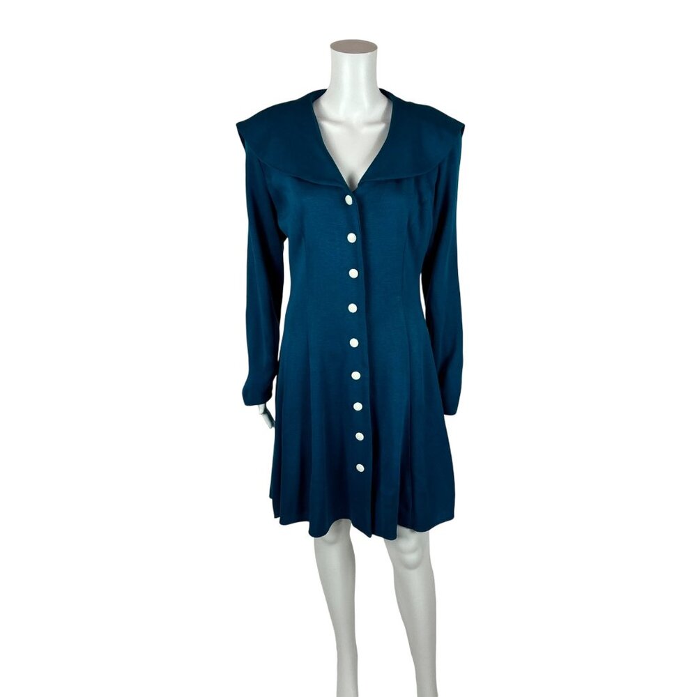 Vintage 80s Sailor Dress Women's Large Dark Turquoise Large Collar Button Down